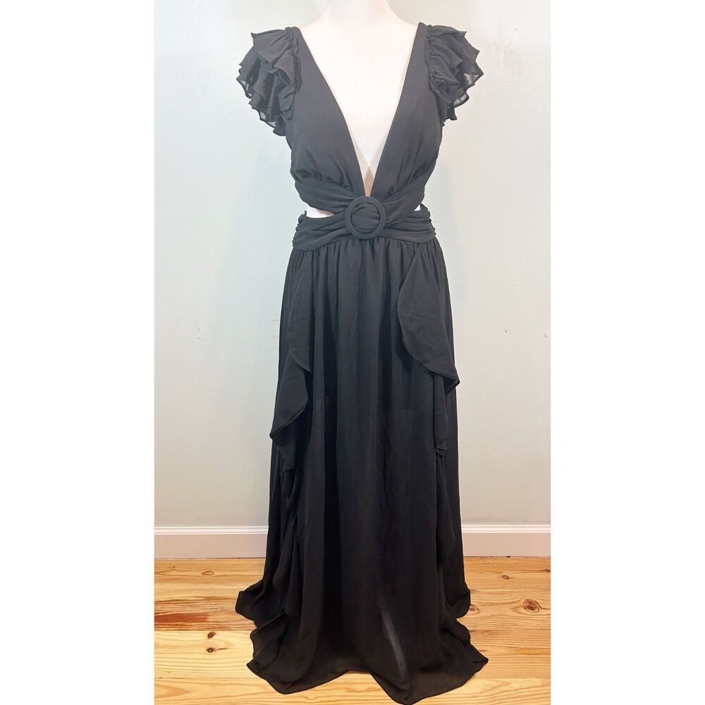 Luxxel Black Maxi Whimsigoth Flutter Sleeve Cut Out Dress Size Small Dark Fairy